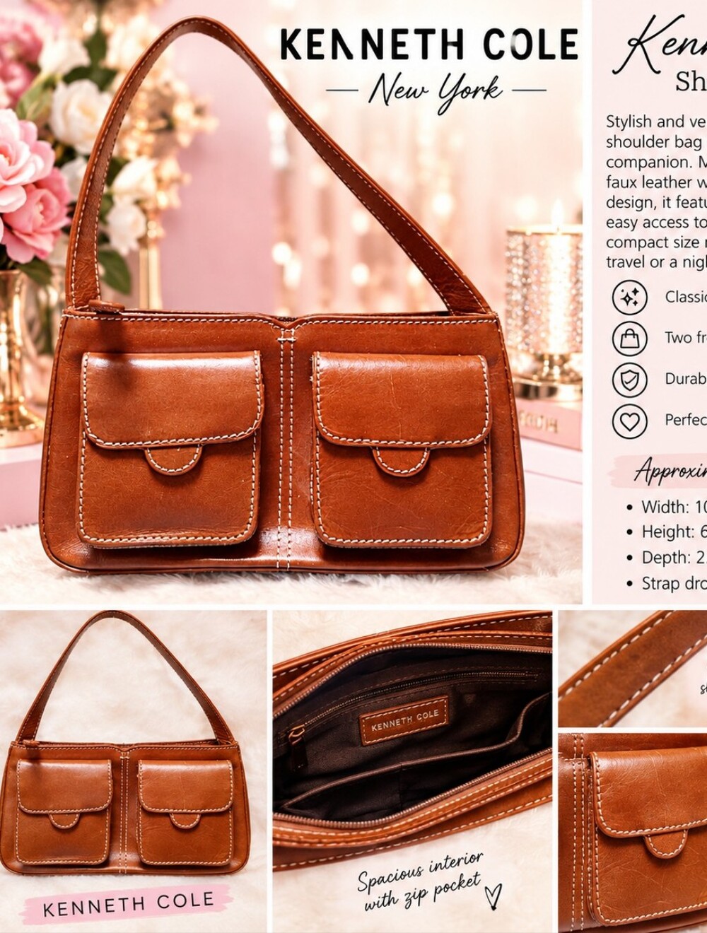 Kenneth Cole New York Cognac Brown Double-Pocket Shoulder Bag "Genuine leather"